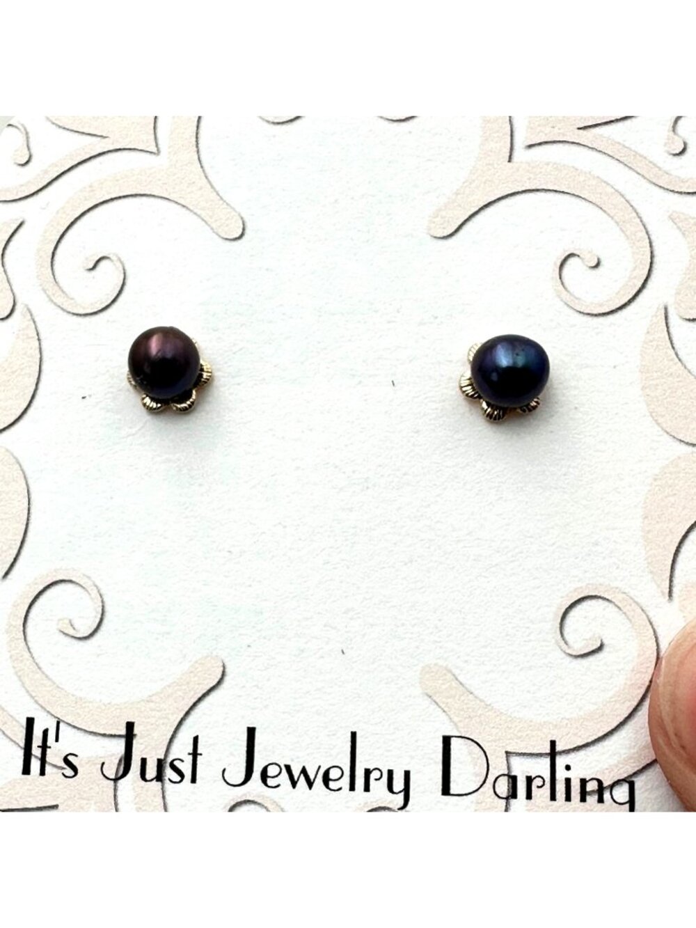 14K Yellow Gold Earrings Black Pearl Pierced Vintage